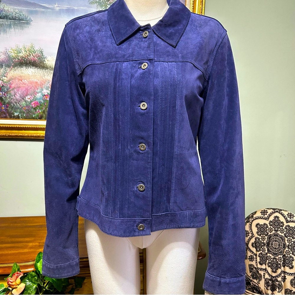Style & Co. Dark Blue Blueberry Suede Leather Button Front Jacket NEW NWT